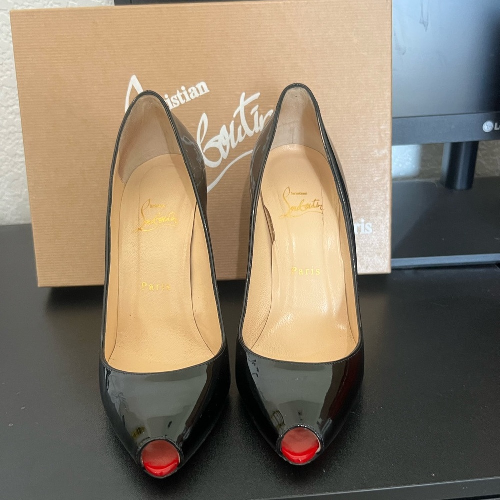 Christian Louboutin Tibur 100 Black Patent Peep Toe Stiletto Heels- sz7.5/38